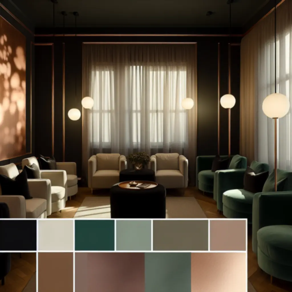 Kameralna strefa lounge z elegancką aranżacją i nastrojowym światłem