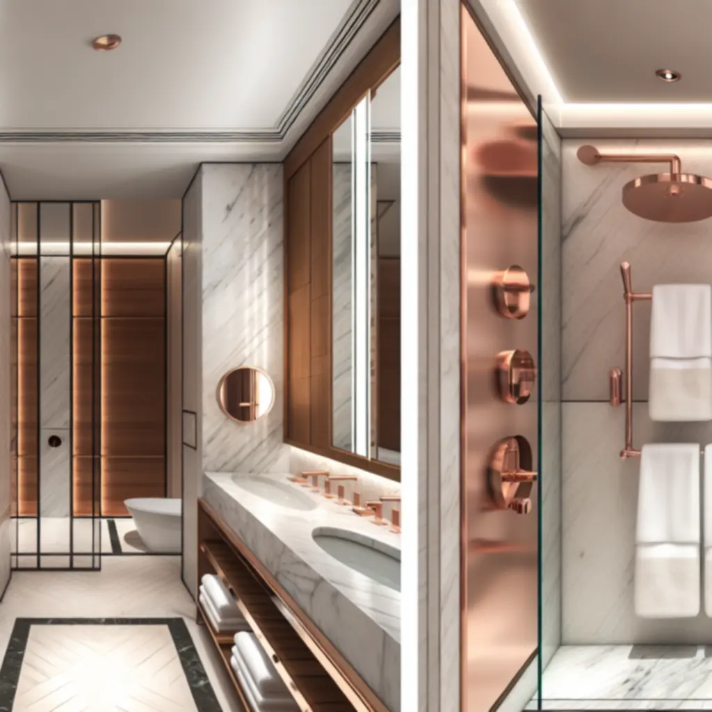 Nowoczesna łazienka HotellPL z marmurową toaletką i deszczownicą.