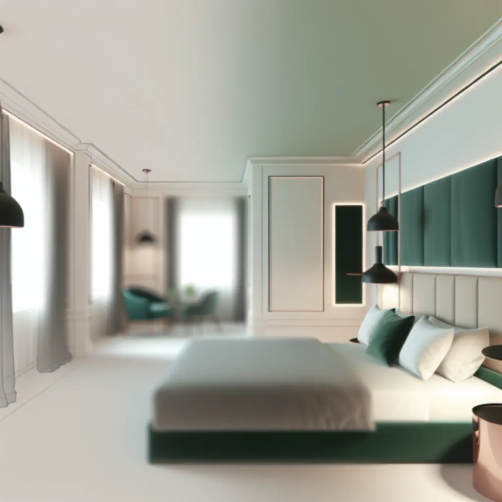 Elegancki pokój gościnny HotellPL z dopracowanymi detalami i nastrojowym oświetleniem.